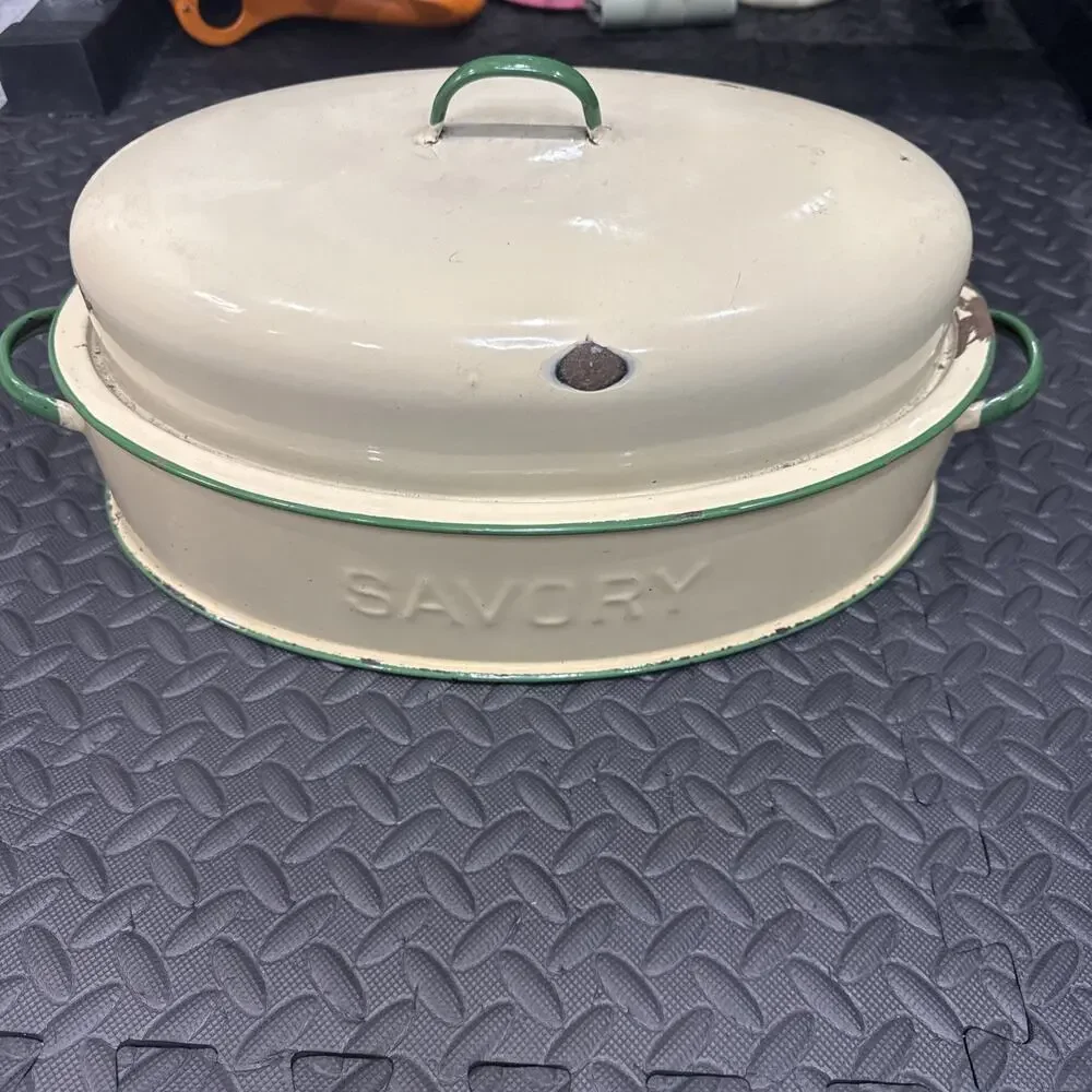 VINTAGE SAVORY ENAMEL ROASTING PAN BIG 16 X 10.5”